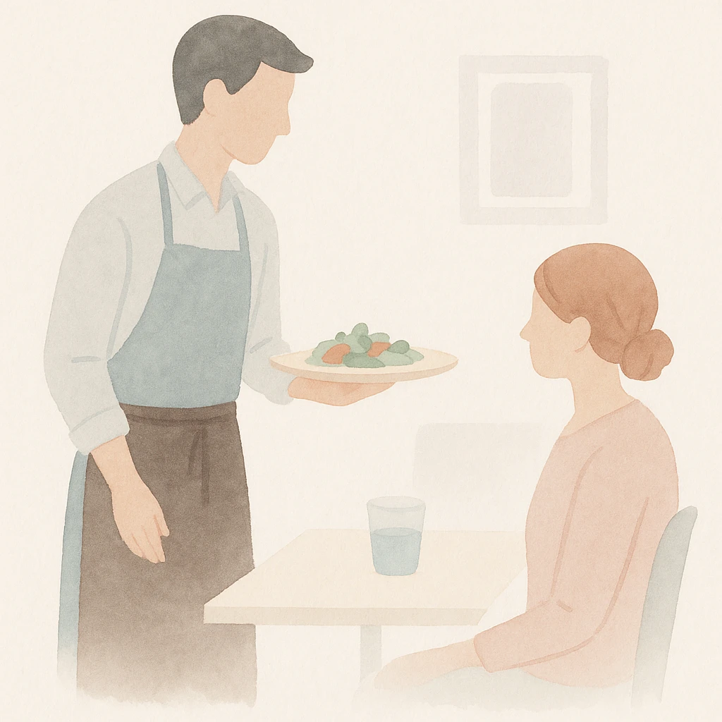 soft watercolor illustration in a minimalist modern style, waiter serving food in a restaurant, pastel colors, delicate linework, gentle whimsical mood, minimal soft shading emoji