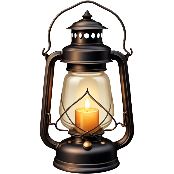 Cinematic Realistic Lantern, an old-fashioned glass lantern with a warm flickering glow, delicate details on the metal handle, softly illuminating the surrounding darkness, glowing with a comforting and nostalgic charm. emoji