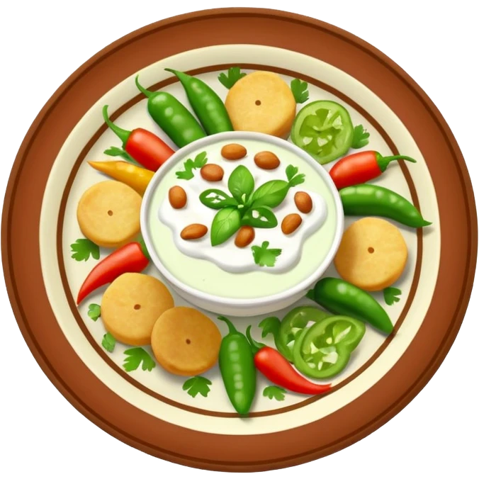 Pakistani dish named chaat its has yougurt and green chilli and vegetables in it mix it all emoji