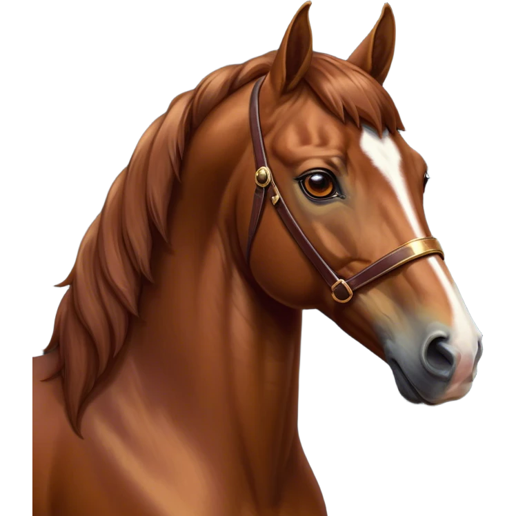 Cinematic Noble Chestnut Horse Portrait Emoji, Poised and regal, with a strong, athletic build and a lustrous, well-groomed chestnut fur, deep-set soulful amber eyes, Simplified yet sharp and sophisticated features, highly detailed, glowing with a warm, dignified glow, high shine, intelligent and majestic, stylized with an air of equine elegance, focused and attentive, soft glowing outline, capturing the essence of a watchful and confident steed, so majestic it feels as though it could gallop out of the screen with effortless authority! emoji
