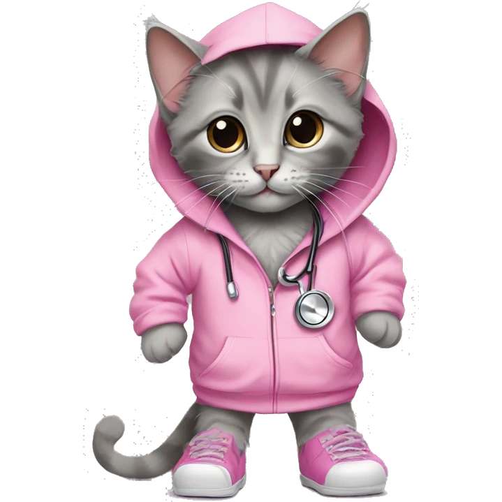 Rag doll kitten wearing oversized pink hoodie with rhinestones and a grey stethoscope and legs are wearing crocs emoji
