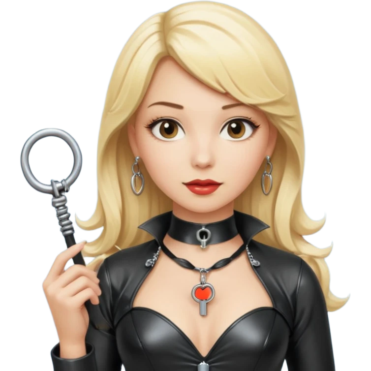 Dominatrix with blonde hair, latex outfit, old fashioned key necklace, and a whip emoji