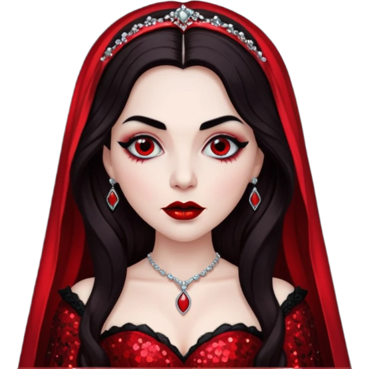 Bride of Dracula with long dark brown hair, red sequin outfit emoji