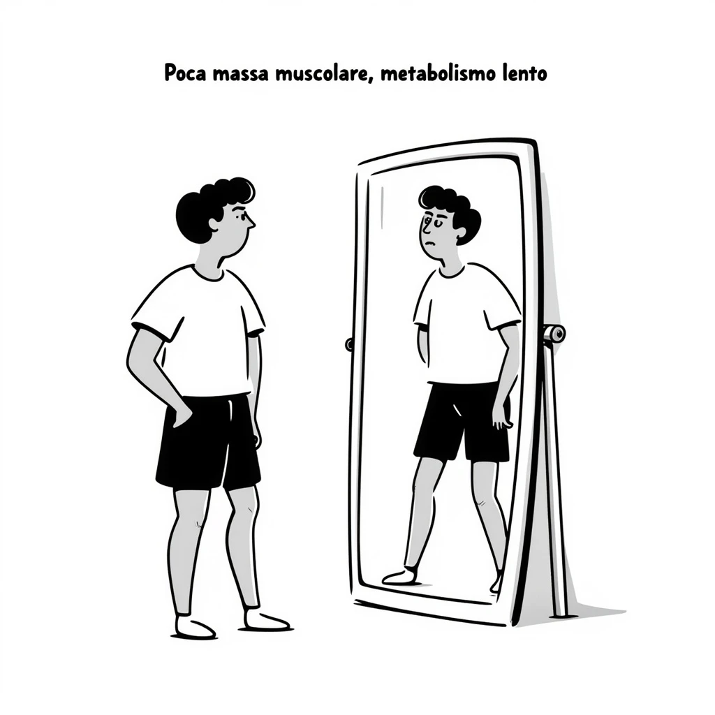 Uomo di 30 anni in abbigliamento sportivo davanti allo specchio, braccia e gambe sottili, poca massa muscolare, espressione preoccupata, testo in italiano: “Poca massa muscolare, metabolismo lento”. emoji