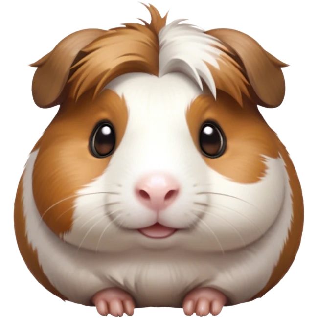 Cinematic Cute Brown and White Banded Guinea Pig Portrait Emoji, Head tilted playfully and inquisitively, showcasing a fluffy fur with playful brown and white banded patterns, round, sparkling dark eyes filled with curiosity, Simplified yet irresistibly adorable features, highly detailed, glowing with a warm, friendly glow, high shine, affectionate and spirited, stylized with a touch of whimsy, bright and endearing, soft glowing outline, capturing the essence of a mischievous yet loving guinea pig, so playful it feels like it could dash out of the screen and into your arms! emoji
