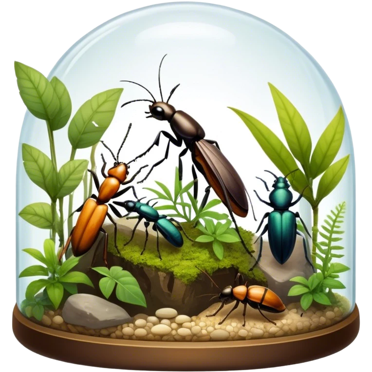 Close-up of home insects inside a terrarium, showcasing beetles, praying mantises and other exotic species in vivid detail, with natural textures of the terrarium. Soft lighting highlights their features. Transparent background. emoji