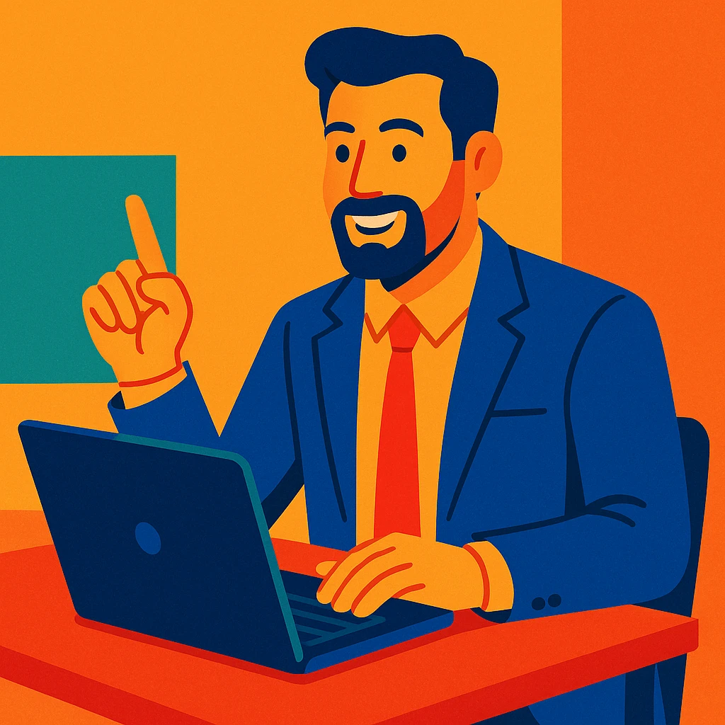 A 35-year-old male business coach sitting at a table with a laptop emoji