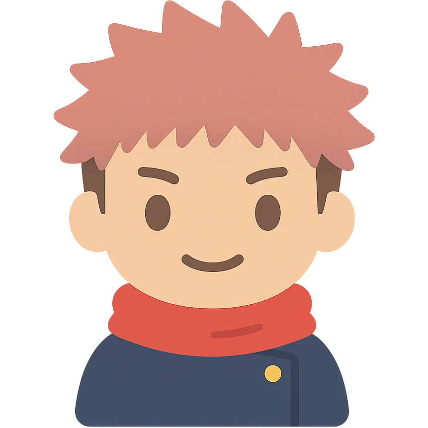 Yuji character in chibi style as a flat color icon, bold shapes, clear silhouette, minimalistic design emoji