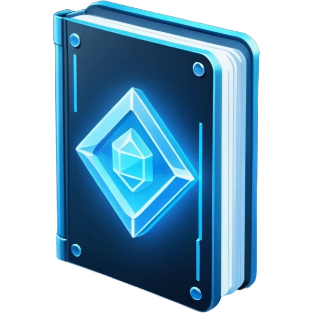 Futuristic holographic data book icon, dark sci-fi interface style, crystal neon blue light, sharp geometry, high tech game UI icon, minimalistic, cyber space theme, volumetric glow, centered, transparent background, no cartoon, no cute, no emoji face, 100x100 px emoji