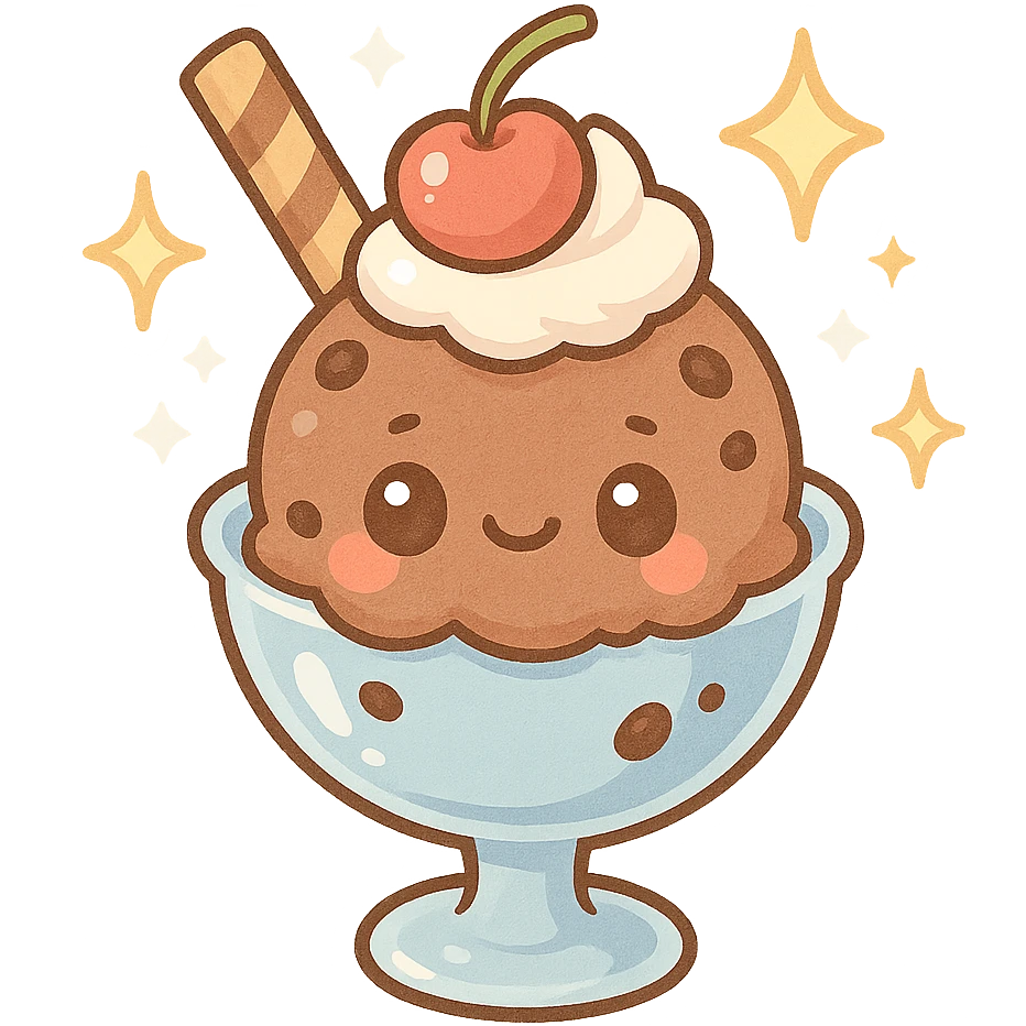 chibi sticker-style ice cream sundae with sparkles, cute and exaggerated emoji