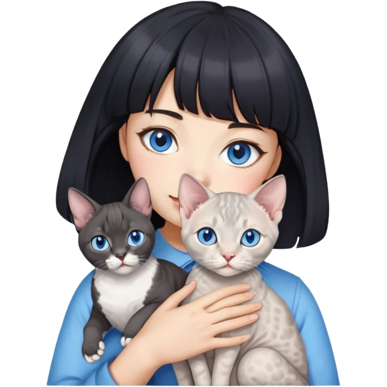 A Korean black-hair girl with bangs is holding a gray-blue Devon Rex cat with blue eyes emoji