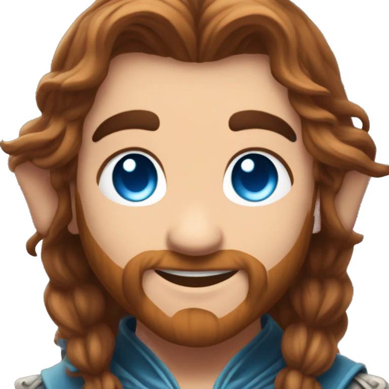 Ple Dwarf with elven ars and glowing blue eyes with long pretty brown hair, smiling and happy with cute hearts around him emoji