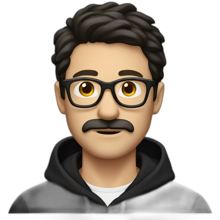 White man dark straight hair moustache, wearing a black hoodie, glasses emoji