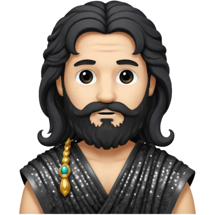 Pluto, God of Death from Roman Deities with long black wavy hair and beard, dark grey sequin toga emoji