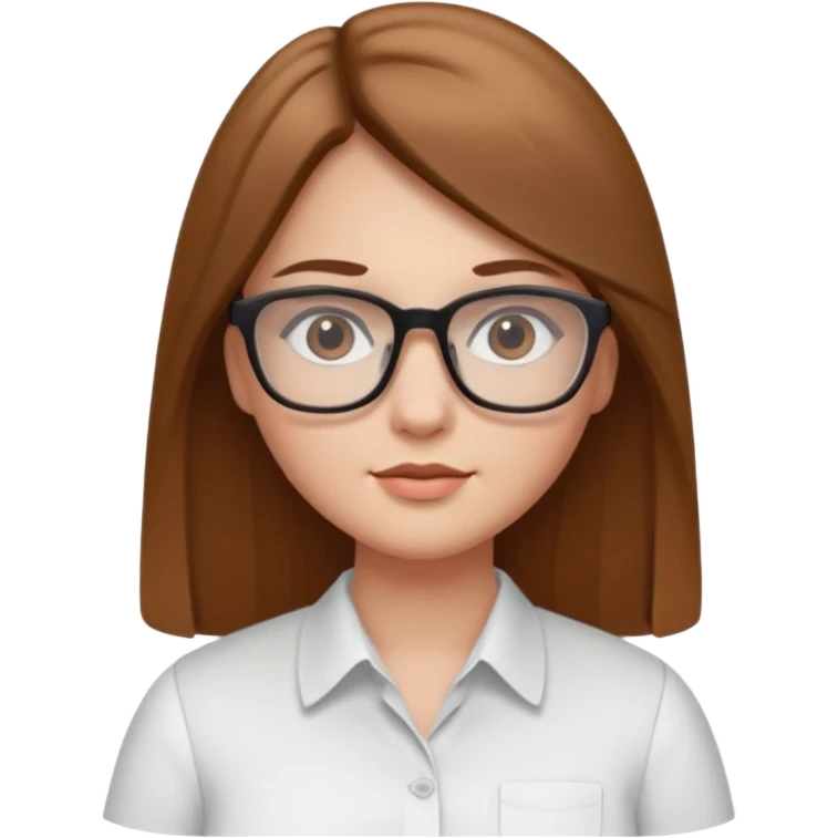 Chica blanca con cabello liso largo café claro, ojos cafe obcuro con lentes cuadrados, gordita, camisa e vestir blanca emoji