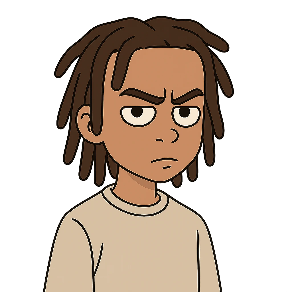 boy with light skin and dreads, serious face, modern illustration style emoji