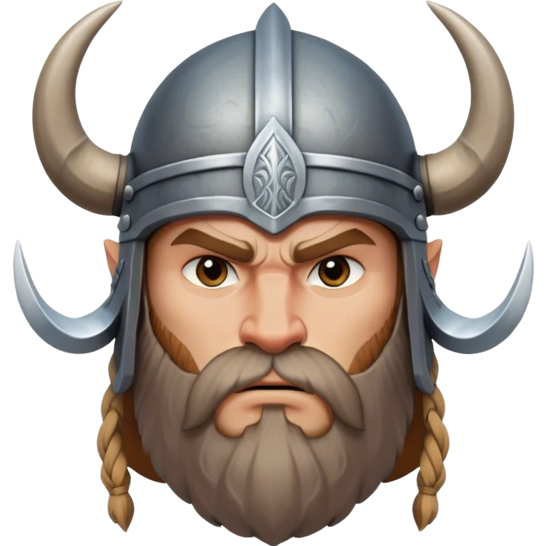Clash of Clans aesthetic: Cinematic Fierce Viking Portrait Emoji, Poised and bold with a rugged yet stylized build, wearing a simple horned helmet and sporting a neatly trimmed beard, his face rendered in a natural skin tone, intense eyes reflecting fierce determination, Simplified yet dynamic features, highly detailed, glowing with a cool, battle-ready radiance, high shine, brave and resolute, stylized with an air of ancient Nordic valor, focused and commanding, soft glowing outline, capturing the essence of a fearless Viking adventurer ready to set sail on epic quests! emoji