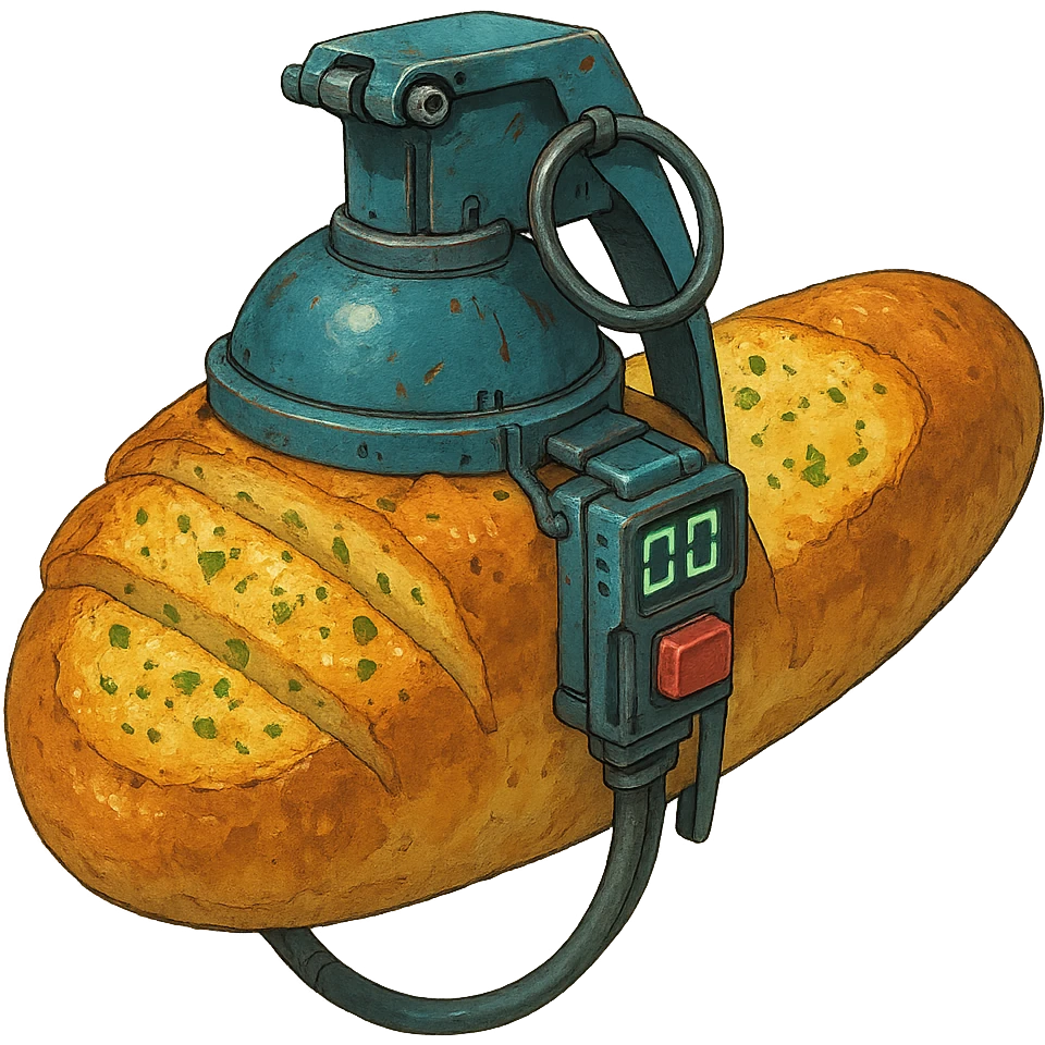 a thermonuclear hand held grenade IED, futuristic cyberpunk. The primed exlosive is garlic bread. small detonator attached to large loaf emoji
