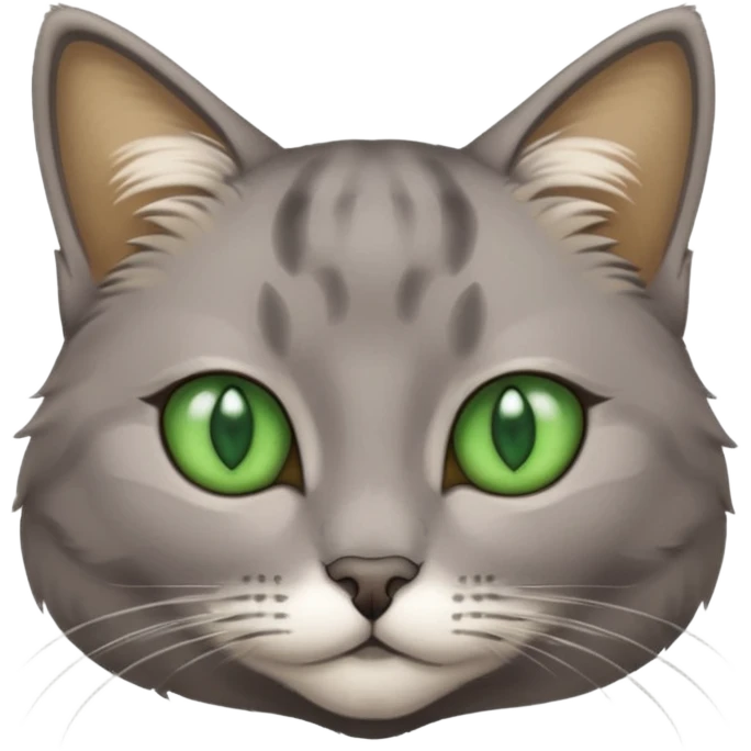 grey cat with green eyes and white stain below the necj emoji