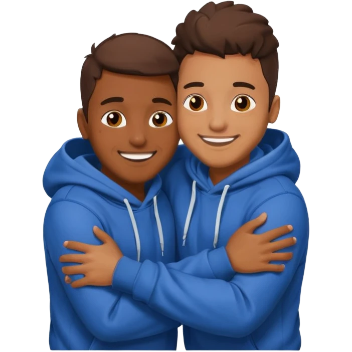 two happy brown skin guys hugging, in hoodies emoji