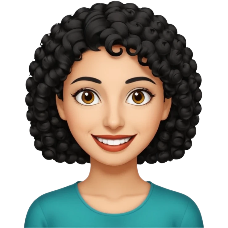 30 year old iranian woman very short curly black hair, big brown eyes, tanned skin, big smile, white teeth, pretty, stylish, shorter hair emoji