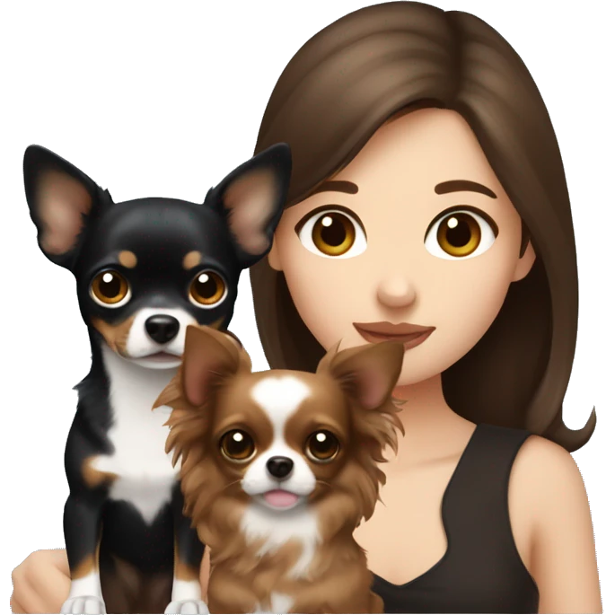 Pretty girl with long wavy brown hair, blue eyes, holding a black and brown short hair chihuahua emoji