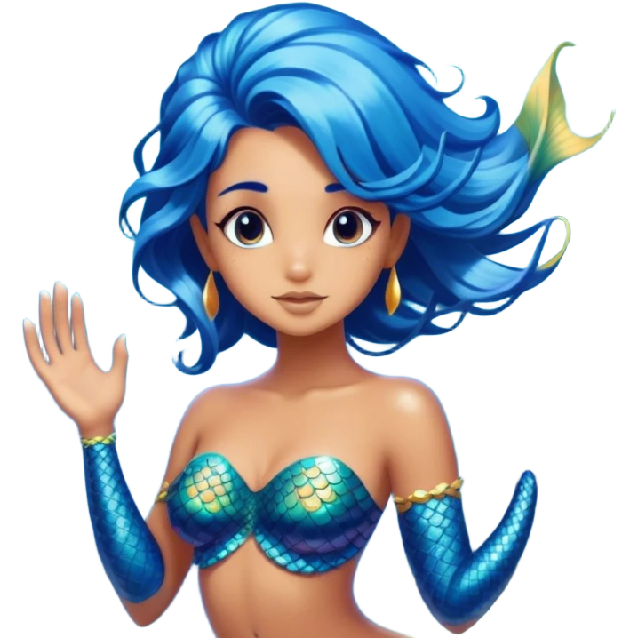 Cinematic Realistic Blue Hair Mermaid Portrait, depicted with lifelike, sun-kissed tanned skin that exudes a warm, radiant glow under gentle underwater lighting. Her intricately detailed, flowing blue hair cascades like a waterfall of ocean hues, framing deep, mesmerizing eyes that capture the vibrant spirit of the sea. Adorned with a shimmering tail and delicate tropical accents, the portrait features an enchanting underwater glow that blends realism with mythic coastal allure. emoji