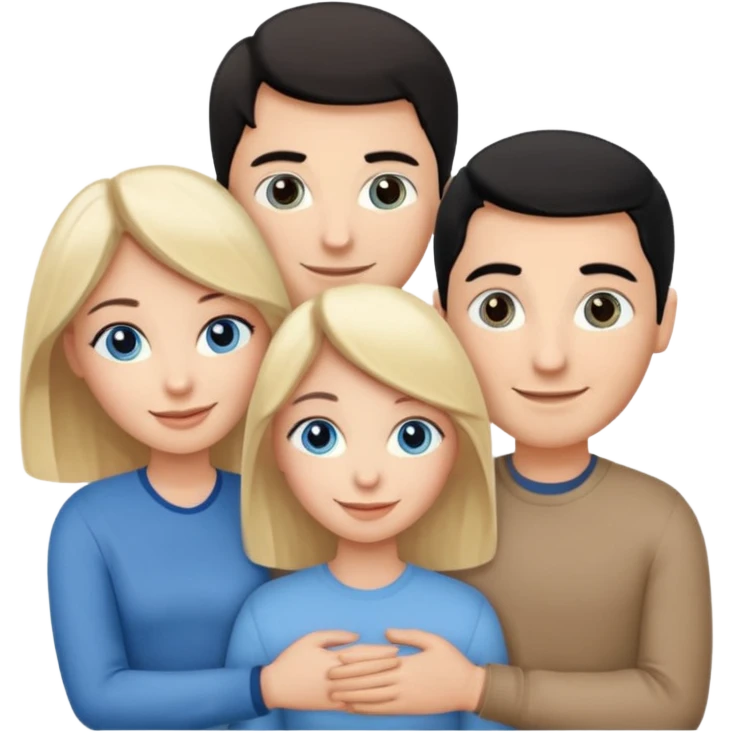 3 people. Throuple. Blank woman with blond hair and blue eye color on left. And also a blank man with black hair and grey eye color in the middle. And a blank woman with brown hair and grey eye color on the right. Holding each other emoji