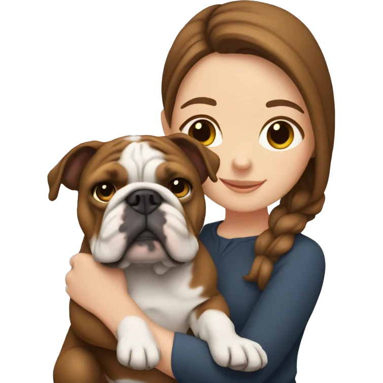 White girl with brown hair holding English bulldog emoji