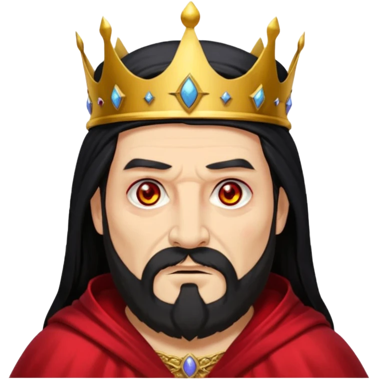


an old king with yellow skin, red eyes, 60 years old, black hair, black beard, wearing a crown, red robe, fierce face, baron/lord vibe, longer hair cover the face, add scar
 emoji