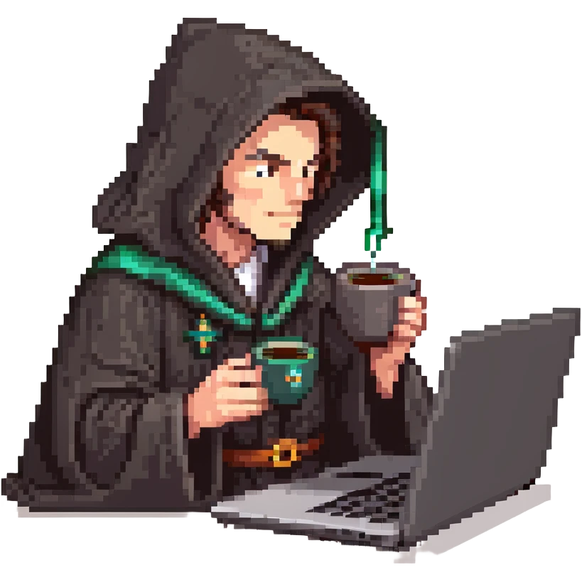 classic wizard upper body coding on a laptop, wearing dark robe, drinking coffee emoji