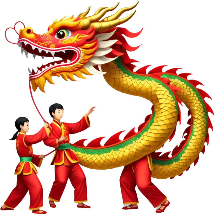 Cinematic Realistic scene of a traditional Chinese Dragon Dance featuring a team of performers skillfully manipulating a colossal, flexible dragon puppet, its intricately detailed, vibrant scales and flowing, embroidered fabric catching the light, set against a festive backdrop of red lanterns and dynamic red-tinged lighting that accentuates the majestic presence of the dragon puppet. emoji