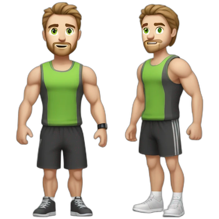 Full height Actively gesturing with hands Pale skinned Fit Man With the biceps, green eyes and brown hair in dark gray Sleeveless Mike, black oversize sports shorts, watch and white Sneakers emoji