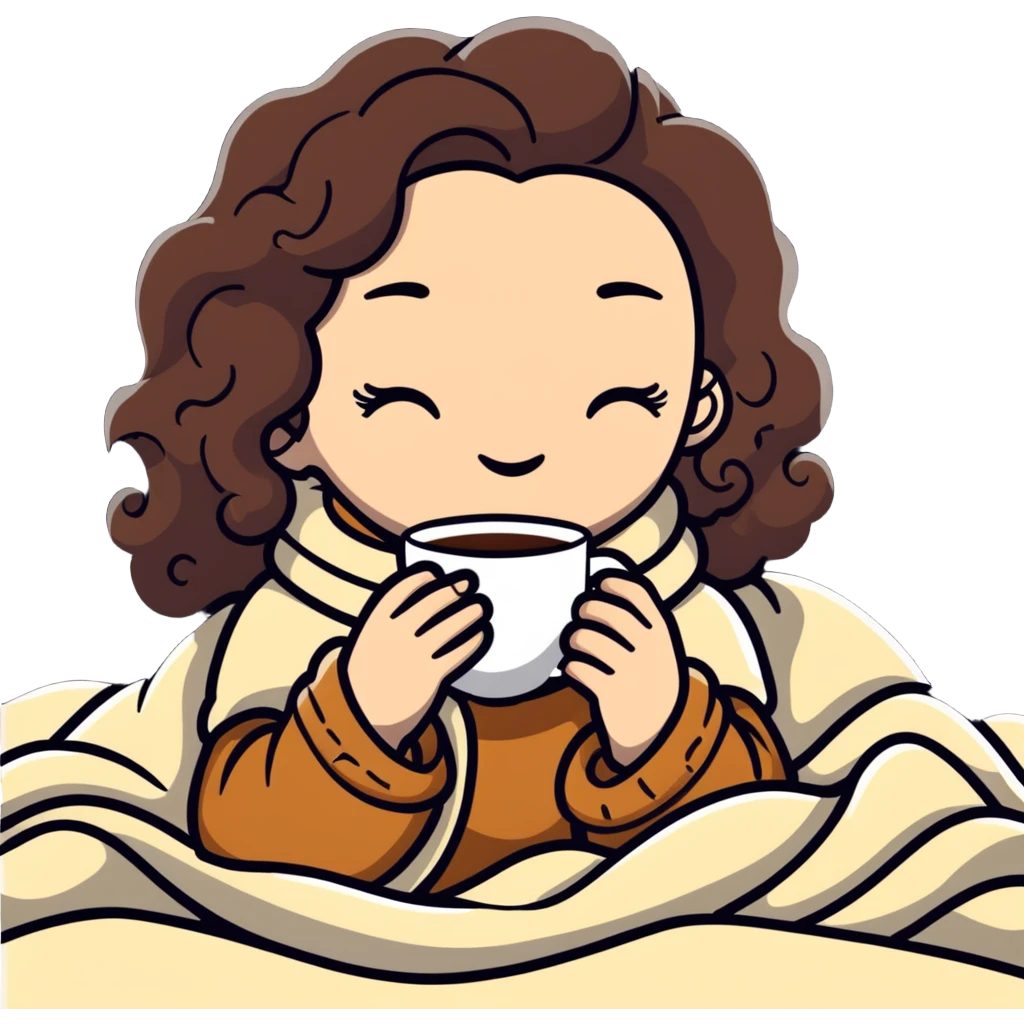 White girl with curly brunette hair inside a blanket sipping coffee with eyes closed, cozy winter morning emoji
