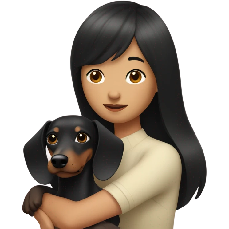 Asian woman with black bob bangs hugging black dachshund emoji