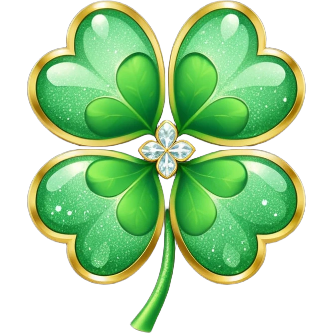 stylized, golden edged light green four leaf clover shamrock covered in glittering diamond dust emoji