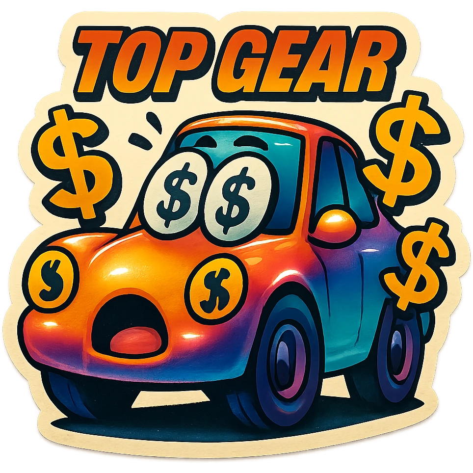 Top Gear sticker featuring a car with dollar signs and a surprised face, colorful and engaging emoji