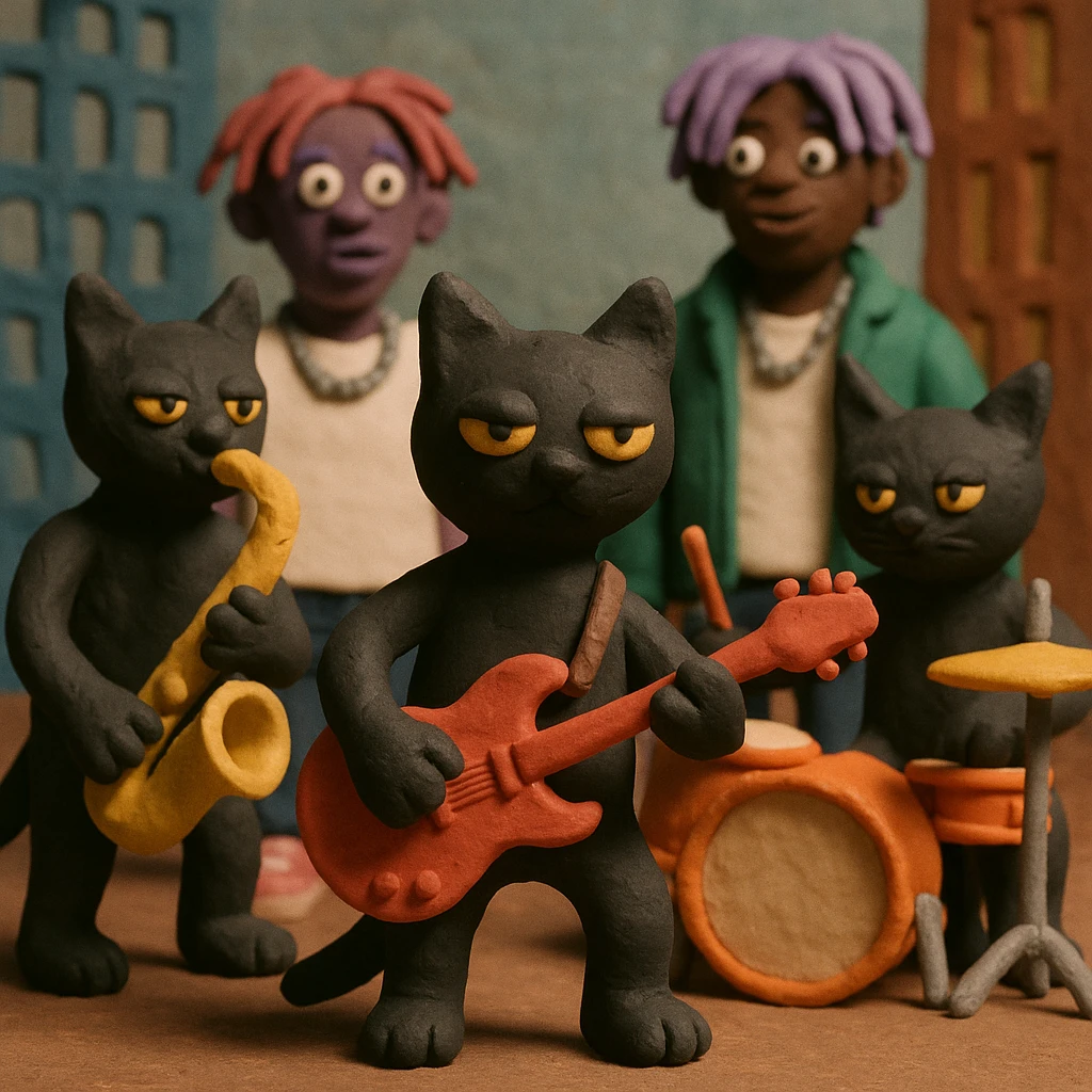black cat gang performing funky music in New York with Playboi Carti and Lil Uzi Vert in the background emoji