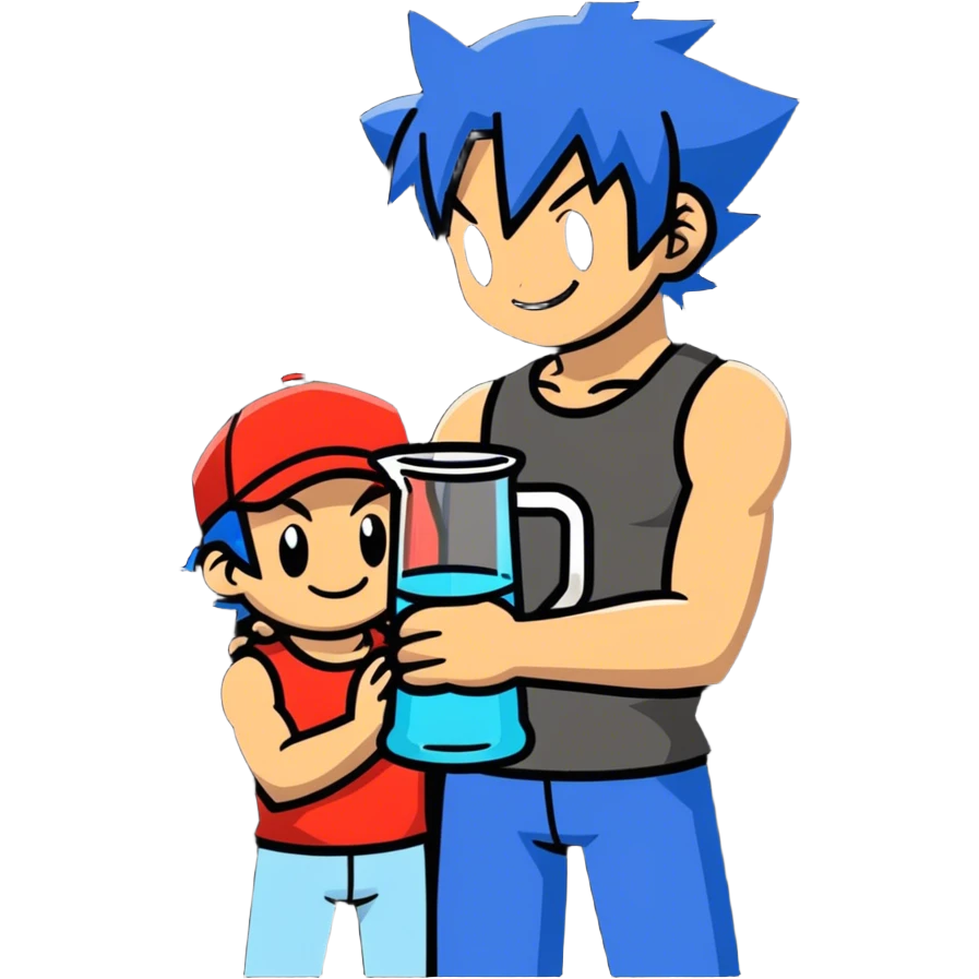 Hot handsome muscular 6ft 5inch tall smiling happy fun shirtless Ash Ketchum hugging his best friend while using a large glass in the shape of a beaker with a wide bottom and long thin neck emoji