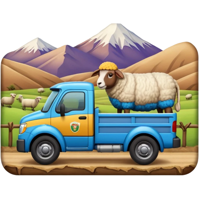 3D emoji of a Peruvian truck transporting sheep in the back, wooden cargo bed, Andes mountain landscape, dusty countryside road, glossy finish, bold outlines, vibrant natural colors, sticker design, transparent background emoji