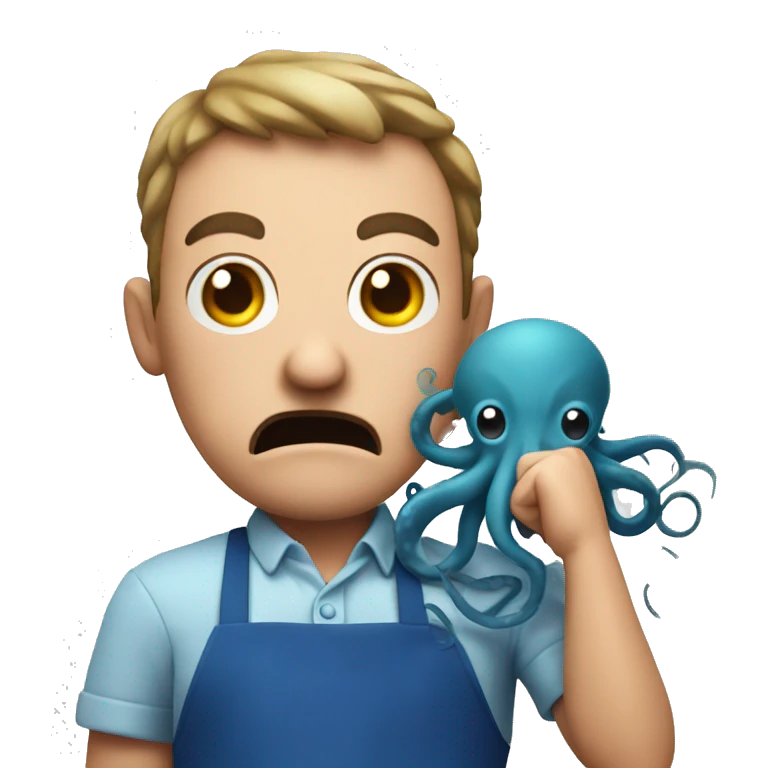 angry guy in a blue apron with an octopus in his hands emoji