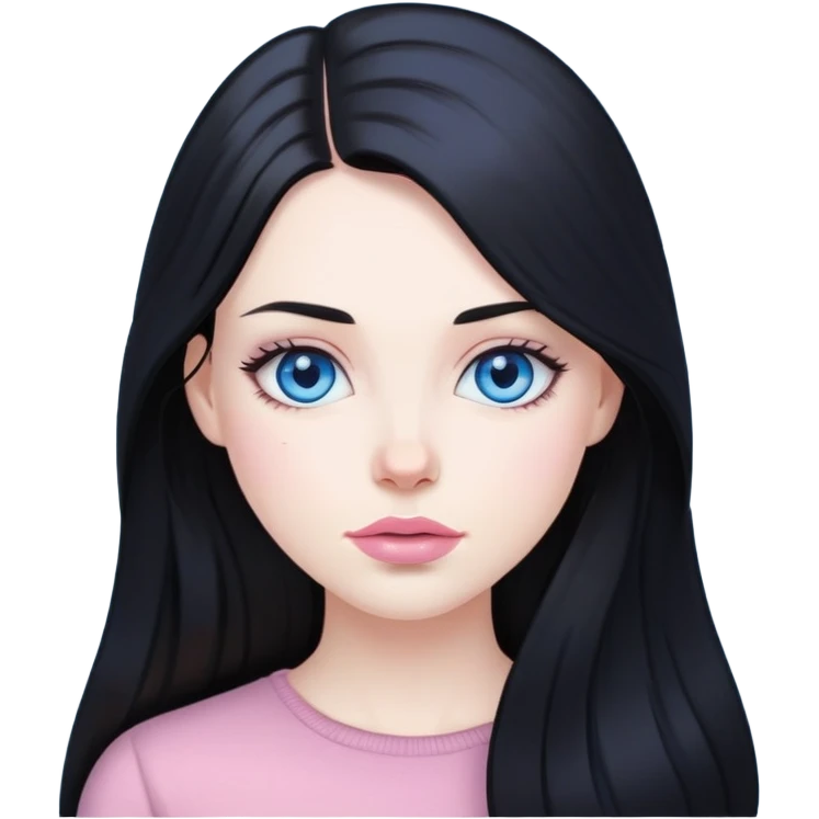 White girl with long black hair pale skin, blue eyes, light pink lips emoji
