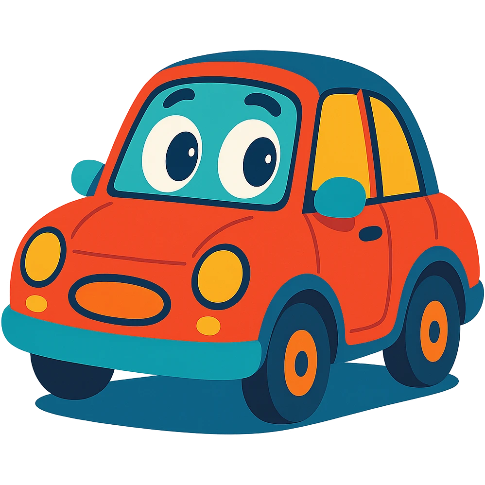 cute car with expressive eyes on the windshield, playful style, colorful emoji