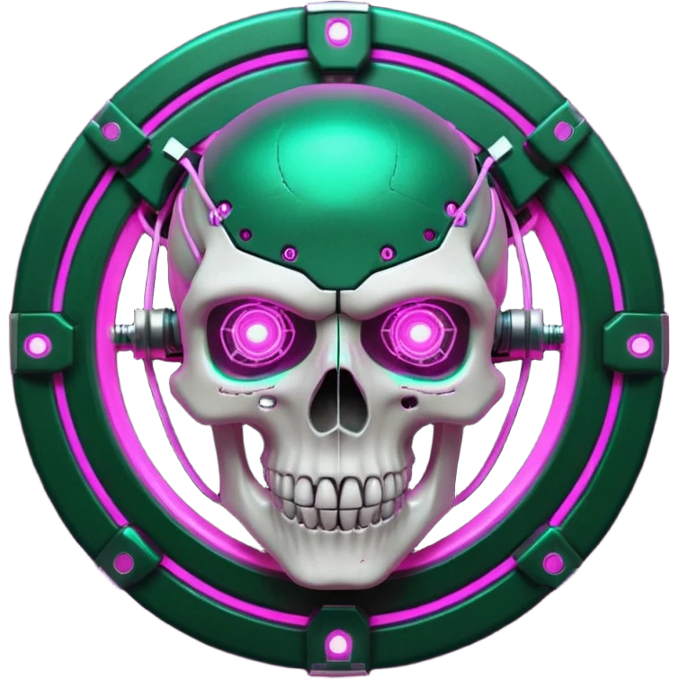 Cyberpunk shield, skull with cybernetic implants, glowing wires, dark electric green and pink tones, no background emoji