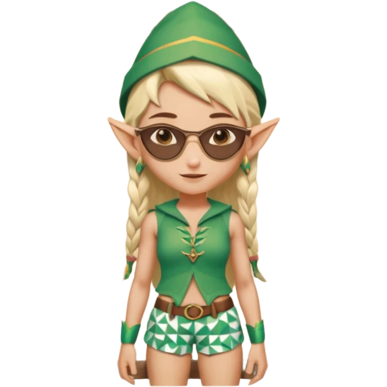 elf female legolas portrait, patterned board shorts (geometric/abstract), unique wooden-framed sunglasses, undercut hairstyle, slight smirk, visible pointy ears, no background, centered emoji, hipster summer vibe coctails with summer hat emoji