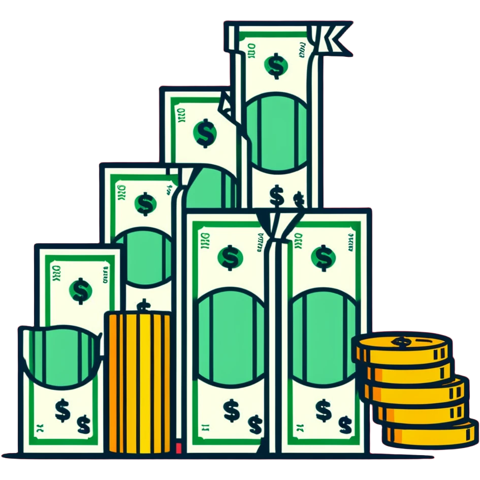 upward green arrow next to a tall growing stack of dollar bills and coins emoji