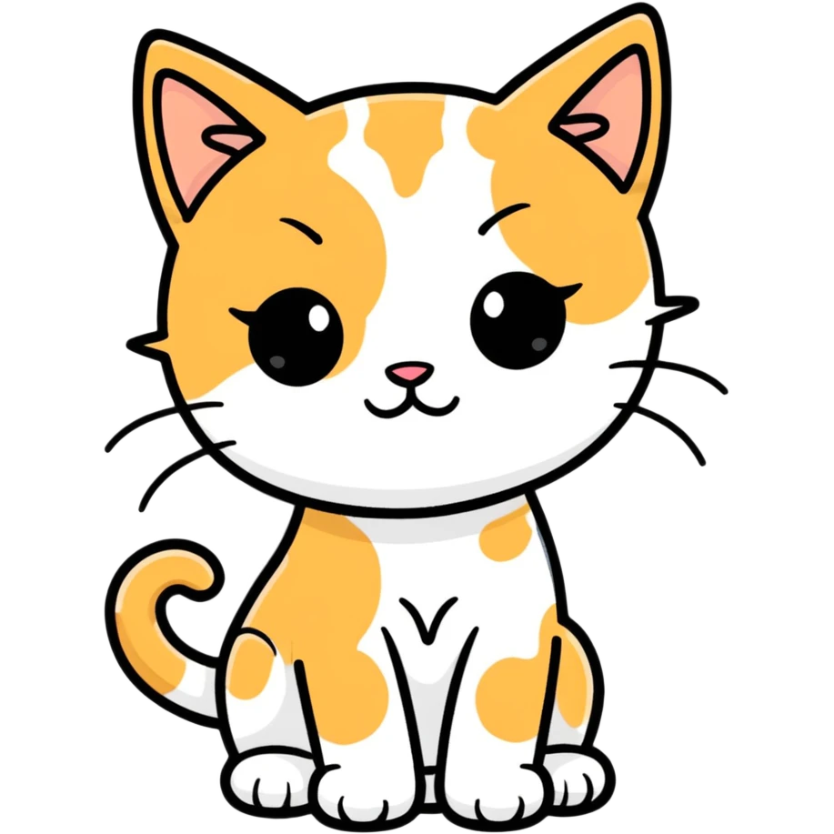 Predominantly white kitten with ginger and black patches that are spaced out like splats her face is half white with ginger above one eye and black above the other emoji