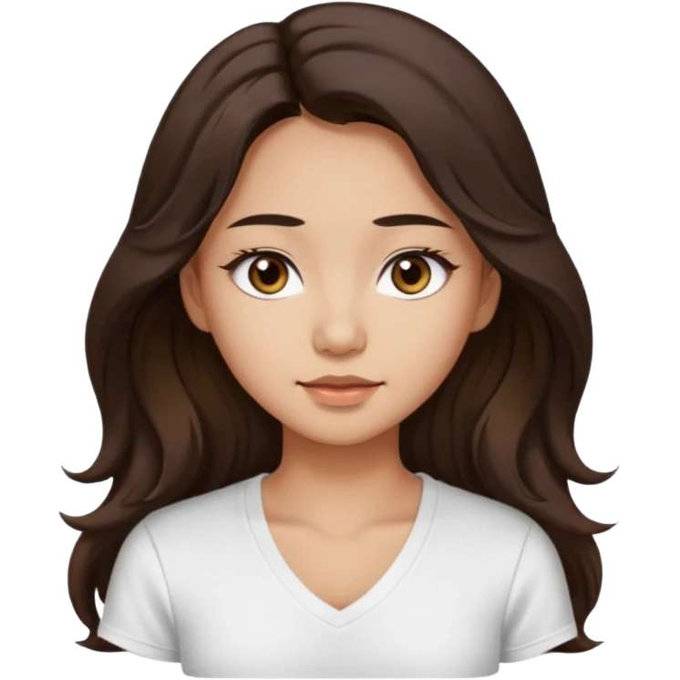iOS style emoji. A girl with very long dark brown wavy hair. And the eyes color is dark brown. And she is wearing white t shirt with V kneck. And she is 30. She is Asian with double eyelids  emoji
