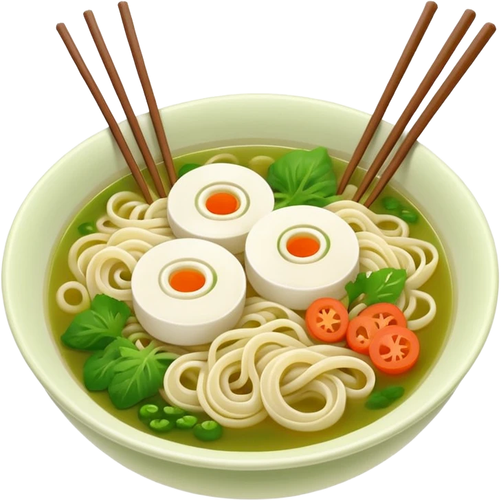 create khmer noodle emoji with green broth and white noodle with vegetable with chabstick emoji