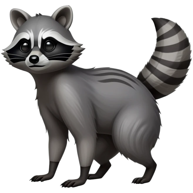 Cinematic-Raccoon-Realistic-Full-Body-Standingon all fours-Emoji – Tail flicking lazily, head tilted dramatically, thick grey fur with a signature black mask, sharp and alert ears, simplified yet realistic focused features, highly detailed, glowing with an almost sarcastic glow. emoji